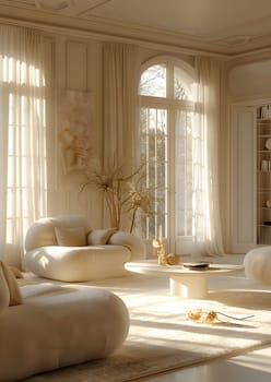 A cozy living room with wooden furniture, a large window providing natural light, and curtains for shade. The flooring adds to the comfort of the room