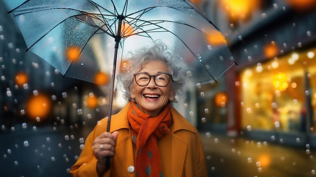 Fashionable happy Asian smiling senior woman orange scarf with umbrella and glasses, portrait on city street, space for text,Generated AI