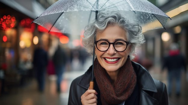 Gray haired happy Caucasian smiling elderly woman in stylish black cardigan with transparent umbrella,wearing glasses, portrait on a city street, space for text, Generated AI