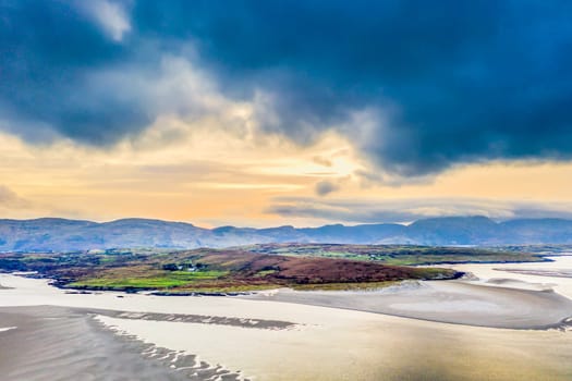 Aerial view of Loughros peninsula and dried up Loughros Beg Bay corner in the vicinity of Assaranca Waterfall, Ireland.