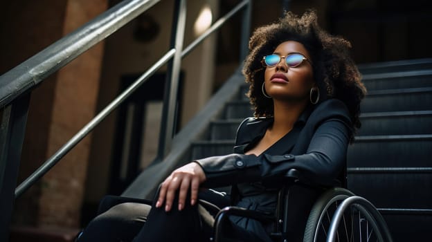 young African American woman, blind, glasses and paralyzed, in a wheelchair waiting for help to climb the stairs, wheelchair accessible housing, Generated AI