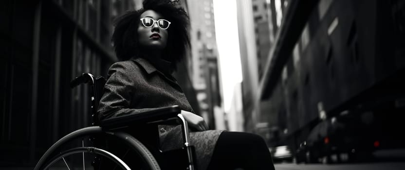 black and white Portrait of a black woman in a wheelchair wearing glasses in a busy city, urban accessibility for people with disabilities in wheelchairs,, Generated AI