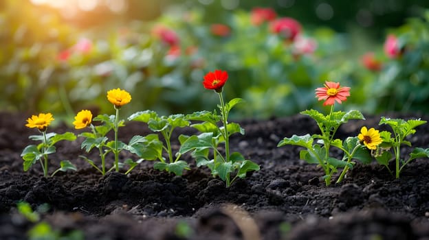 A variety of flowers, shrubs, and herbaceous plants are blooming in the garden, creating a colorful and vibrant natural landscape with petals covering the ground