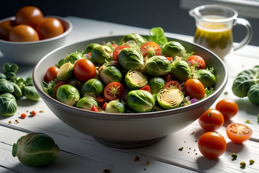 Brussels sprouts salad with vegetables. AI generated image.