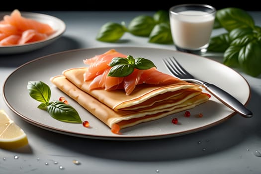 thin pancakes with lightly salted red fish . AI generated image.
