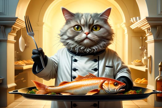 cat chef with cooked fish . AI generated image.