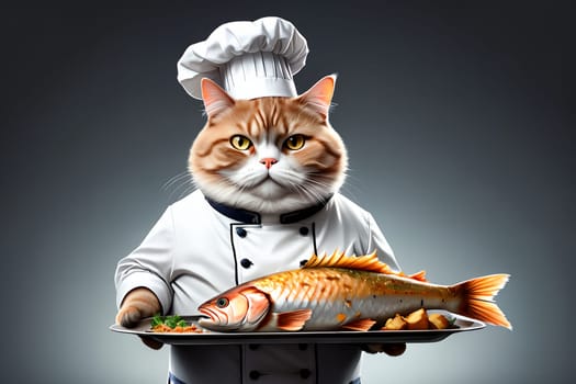 cat chef with cooked fish . AI generated image.