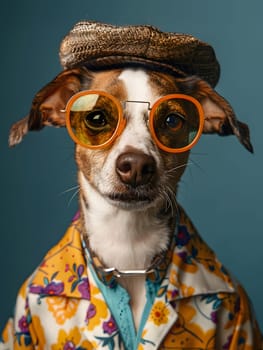 A carnivore dog breed is sporting glasses, sunglasses, and a floral shirt with a hat. Its collar frames its ear and whiskers, showcasing its stylish eyewear