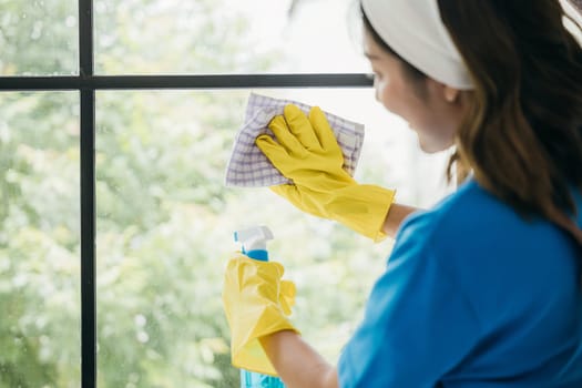 A happy maid cleans windows with a spray wearing gloves and wiping with a cloth. Her dedication to housework and hygiene ensures sparkling transparent windows in an office.