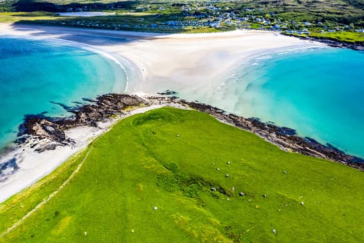 Aerial view of the Inishkeel and the awarded Narin Beach by Portnoo, County Donegal, Ireland.