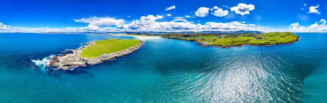 Aerial view of the Inishkeel and the awarded Narin Beach by Portnoo, County Donegal, Ireland.