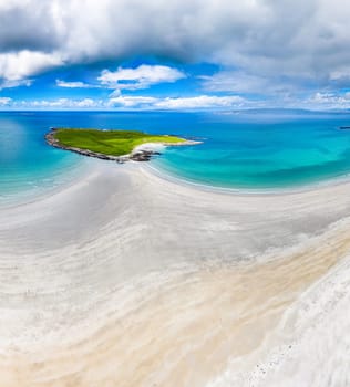 Aerial view of the Inishkeel and the awarded Narin Beach by Portnoo, County Donegal, Ireland.