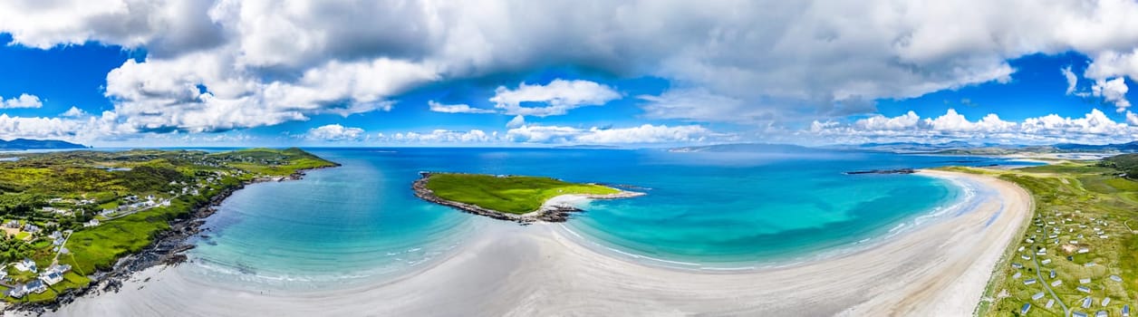 Aerial view of the Inishkeel and the awarded Narin Beach by Portnoo, County Donegal, Ireland.