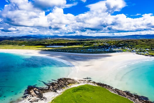 Aerial view of the Inishkeel and the awarded Narin Beach by Portnoo, County Donegal, Ireland.