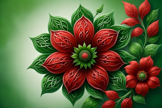 unusual multicolor flower with green foliage, isolated on green background