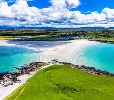 Aerial view of the Inishkeel and the awarded Narin Beach by Portnoo, County Donegal, Ireland.