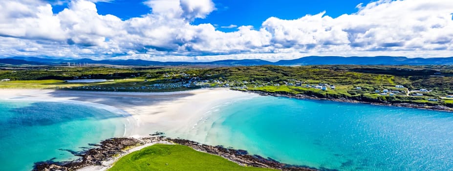 Aerial view of the Inishkeel and the awarded Narin Beach by Portnoo, County Donegal, Ireland.