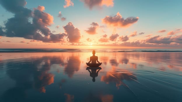 A tranquil yoga session on a beach at sunrise, calm sea in the background. Resplendent.