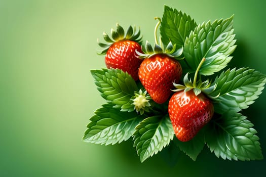 fresh ripe red strawberries isolated on green background