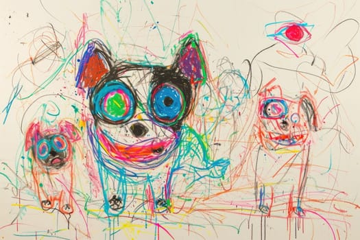 The hand drawing colourful picture of the group of the various type of the dog that has been drawn by the colored pencil or crayon on the white background that seem to be drawn by the child. AIGX01.