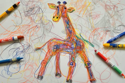 The hand drawing colourful picture of giraffe that has been drawn by the colored pencil, crayon or chalk on the white blank background that seem to be drawn by the child that willing to draw. AIGX01.