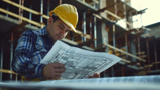 The construction worker wearing a helmet and sporting a beard is studying a blueprint at the building site. AIG41