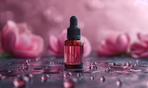 Bottle with liquid on a blurred background. Selective soft focus.