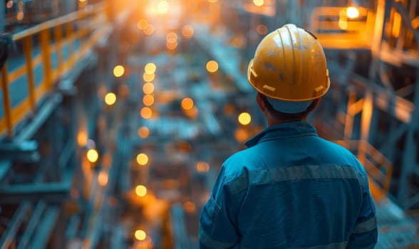 A worker walks along the work area, rear view. Selective soft focus.