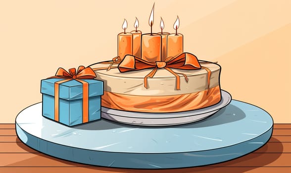 Drawn gift box with candles on the table. Selective soft focus.