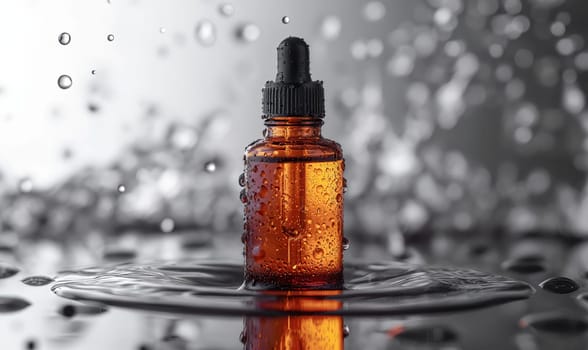 Bottle with liquid on a blurred background. Selective soft focus.