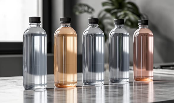 Transparent bottles on a blurred background. Selective soft focus.
