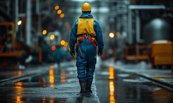 A worker walks along the work area, rear view. Selective soft focus.