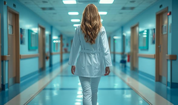 Female medical worker in hospital corridor, rear view. Selective soft focus.