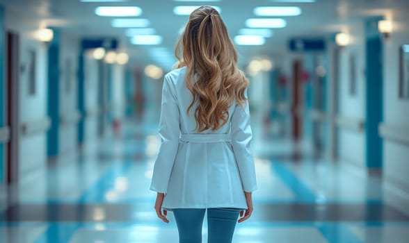 Female medical worker in hospital corridor, rear view. Selective soft focus.