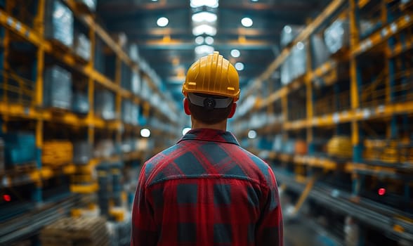 A worker walks along the work area, rear view. Selective soft focus.