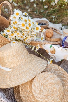 Picnic in the chamomile field. A large field of flowering daisies. The concept of outdoor recreation