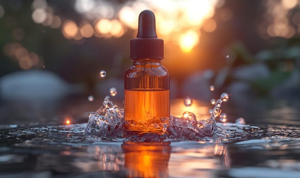 Bottle with liquid on a blurred background. Selective soft focus.