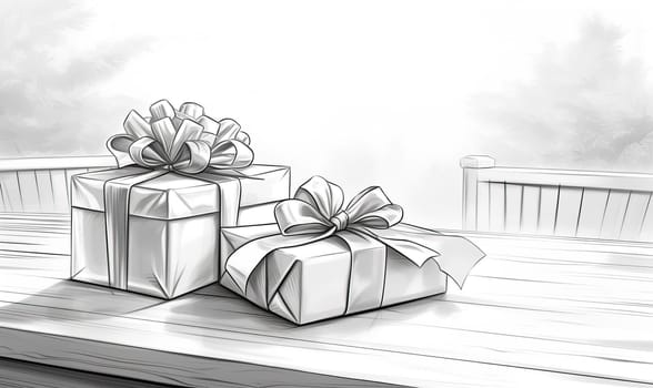Black and white drawing of a gift box on the table. Selective soft focus.