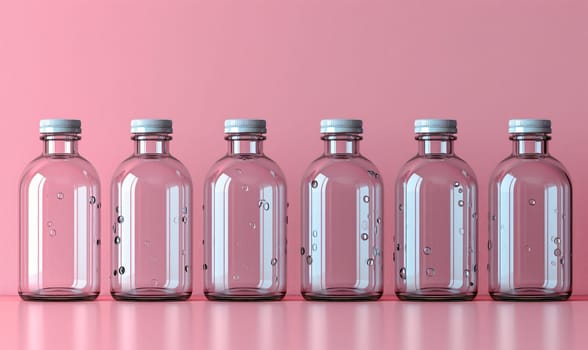 Empty transparent bottles with caps on a pink background. Selective soft focus.
