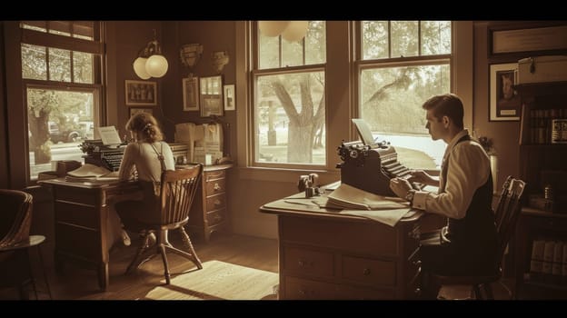 Two women seated at a table with a typewriter, sharing a conversation in a building with a window overlooking the street. AIG41