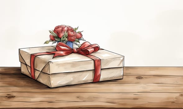 Drawn gift box with flowers on the table. Selective soft focus.