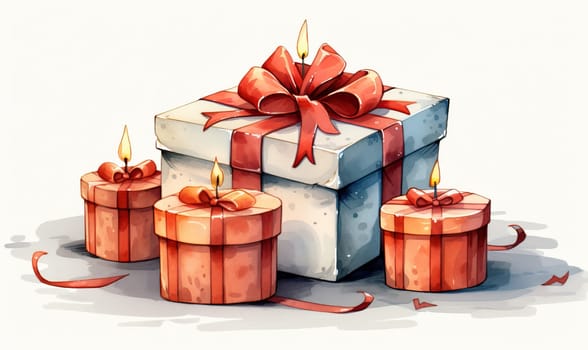 Drawn gift box with candles on the table. Selective soft focus.