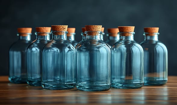 Empty transparent bottles with caps on a dark background. Selective soft focus.