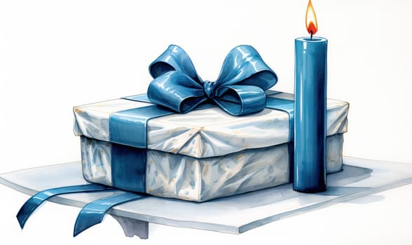 Drawn gift box with candles on the table. Selective soft focus.
