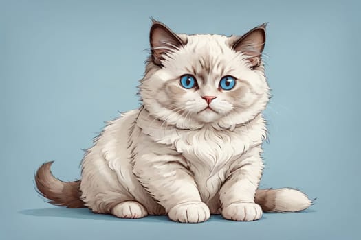contour drawing small fat cartoon Ragdoll kitten isolated on an light blue background.AI generated image.