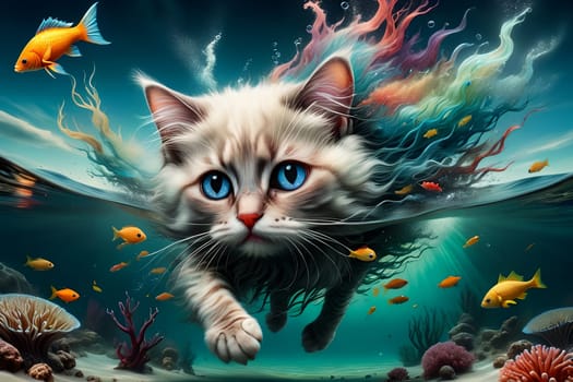 Cute little Ragdoll kitten swims in the sea underwater on the shore .AI generated image.