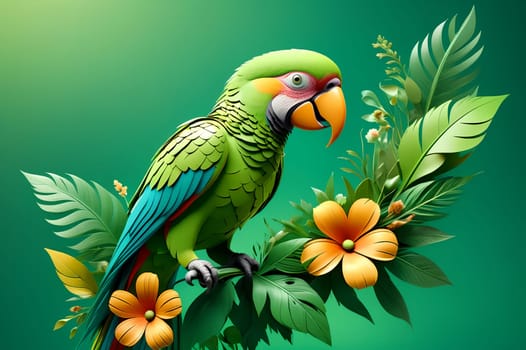 a beautiful colored parrot sits on a branch with flowers, 3D. AI generated image.