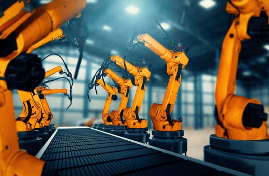 XAI Mechanized industry robot arm for assembly in factory production line. Concept of artificial intelligence for industrial revolution and automation manufacturing process.