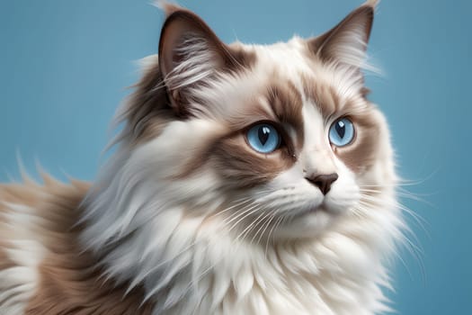 A beautiful young purebred Ragdoll kitten sits on an blue background.. AI generated image.