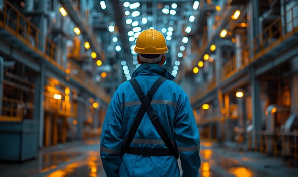 A worker walks along the work area, rear view. Selective soft focus.
